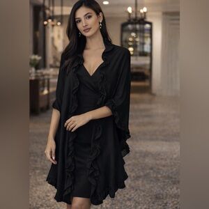 Ilana Black Ruffle Trim Shawl Open Front‎ Elegant Wrap